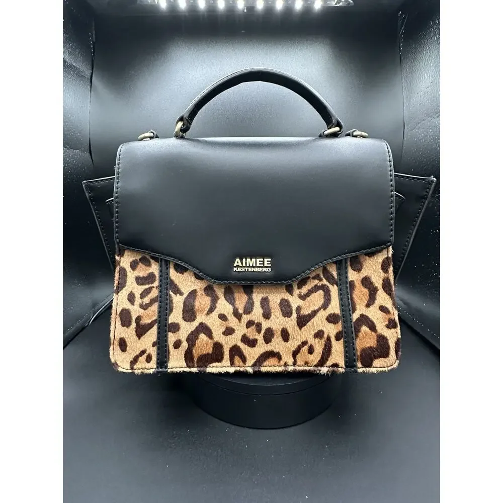 Aimee Kestenberg Black Leather Leopard Haircalf Structured Satchel